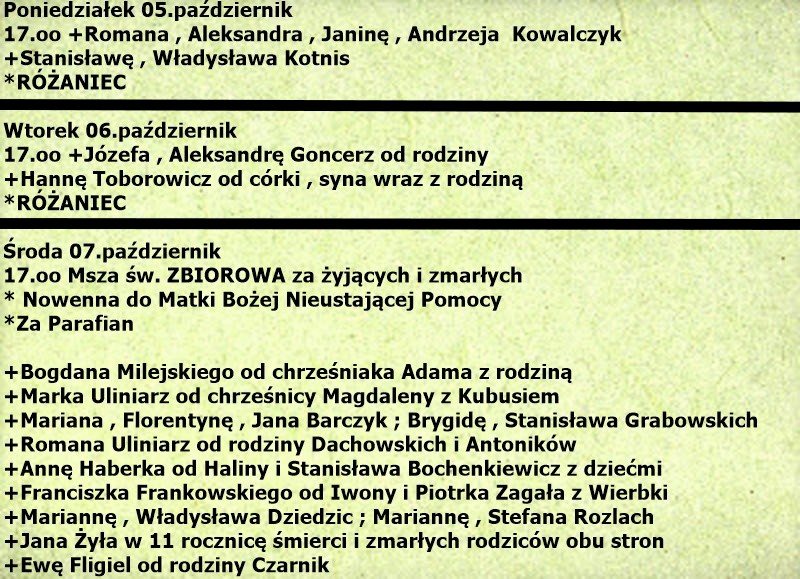 Intencje mszalne – Październik 2026, część 1